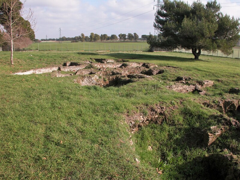 Panoramic photo of the Necropolis of Pianabella, with ruins and fields